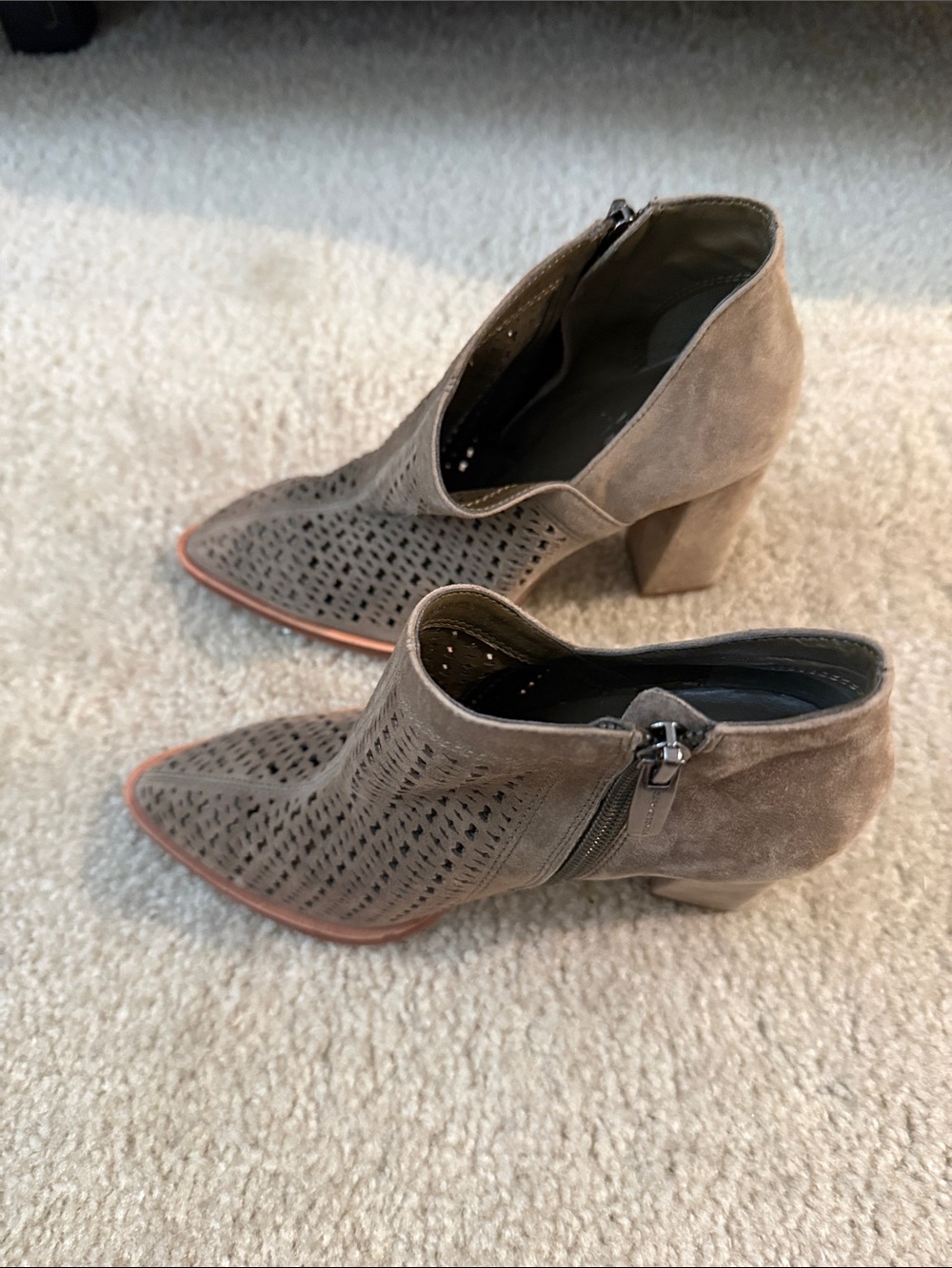 Vince Camuto Taupe Suede Perforated Block Heel Ankle Booties
